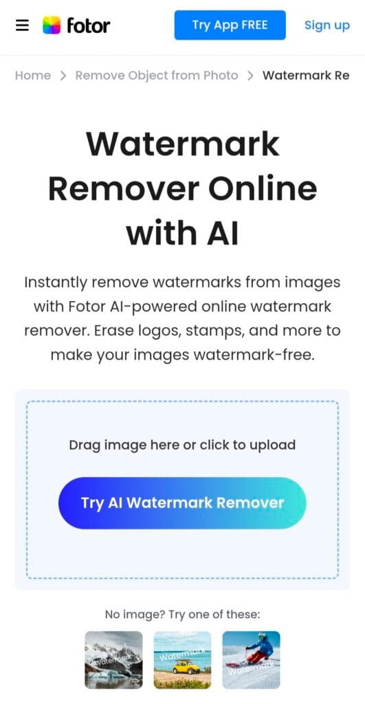 Fotor AI watermark remover online tool dashboard to remove logos and text from images free