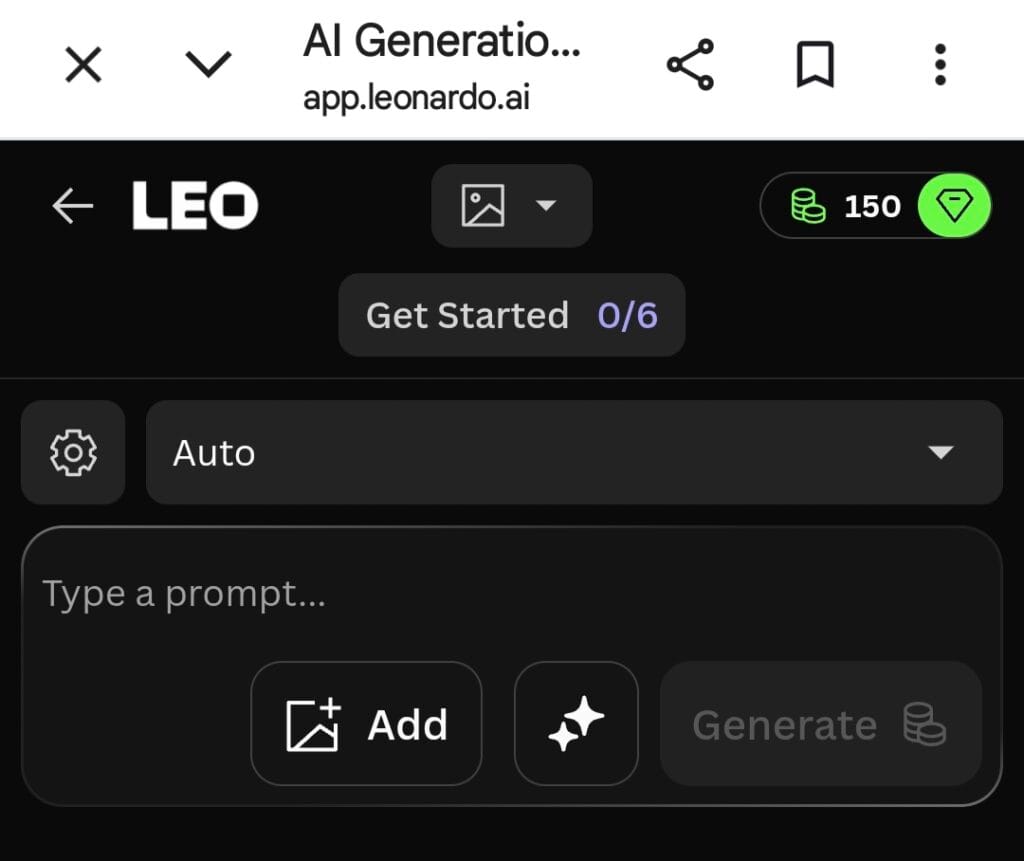 leonardo ai free plan 2026 dashboard showing 150 daily tokens auto model selection