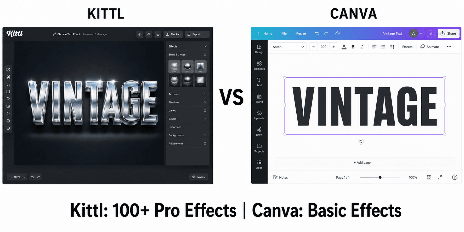 Kittl vs Canva text effects comparison Kittl 3D metallic effect vs Canva flat text styling