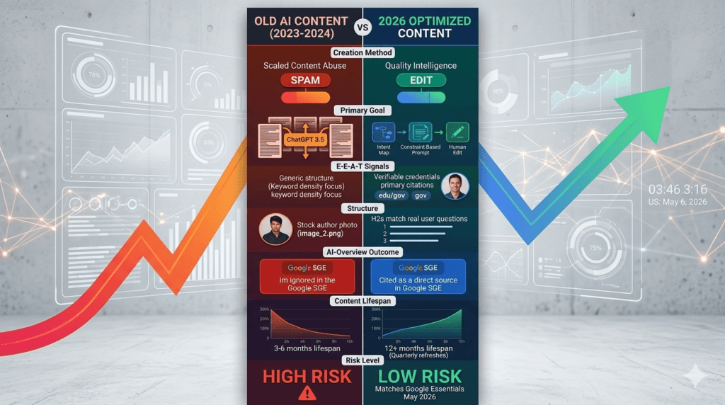 Infographic comparing Old AI Content 2023-2024 labeled as SPAM with high risk vs 2026 Optimized Content with E-E-A-T signals, human edit, and low risk for Google SGE citations