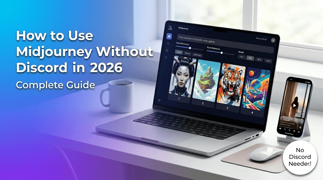 How to use Midjourney without Discord in 2026 - Complete guide showing Midjourney web interface on laptop with AI generated images and "No Discord Needed" badge