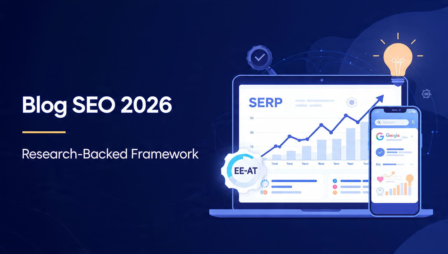 Blog SEO 2026 research-backed framework showing SERP analytics graph, E-E-A-T badge, laptop and mobile with Google search results