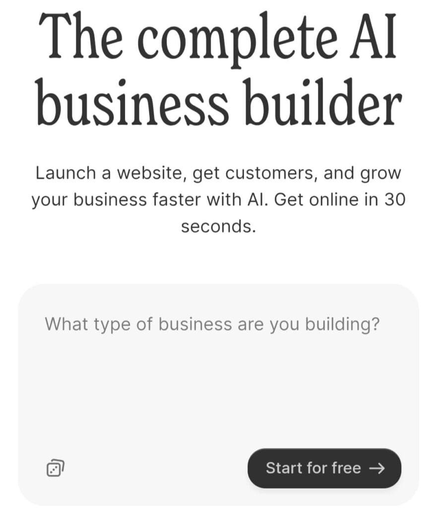 Durable AI homepage showing 30 second website builder claim for small business 2026