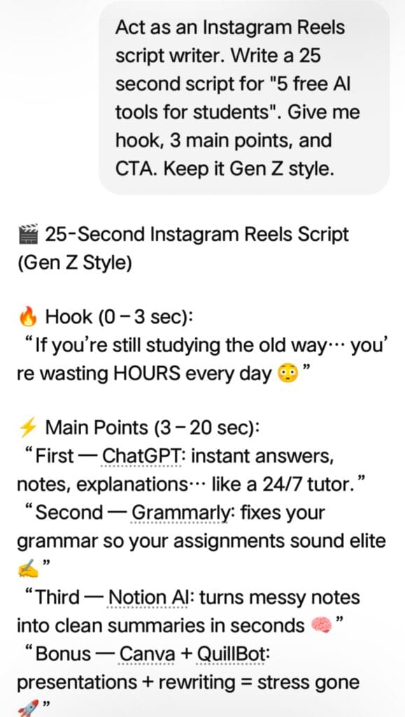 ChatGPT mobile app generating 25 second Instagram Reels script with hook and main points for students