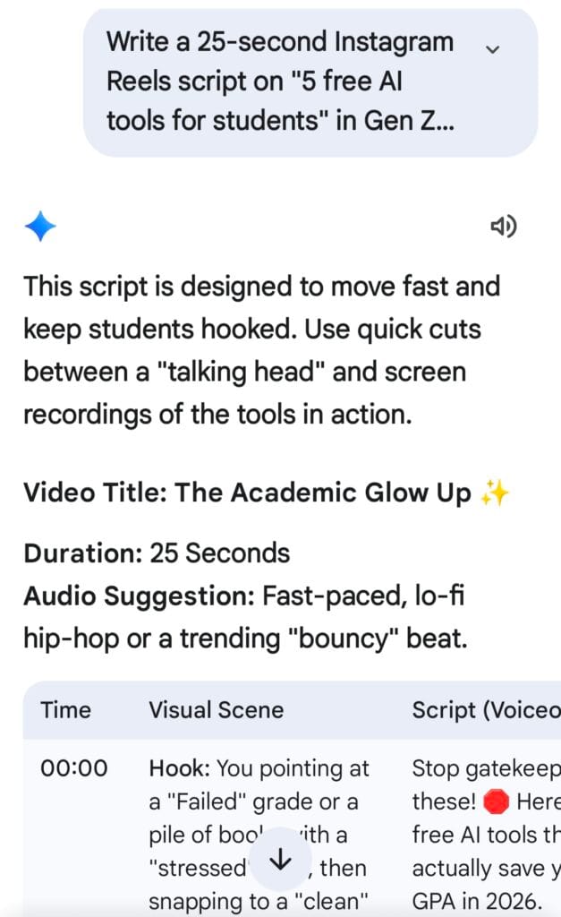 Google Gemini mobile app generating 25 second Instagram Reels script with table format hook visual scene script for students gen z style 2026