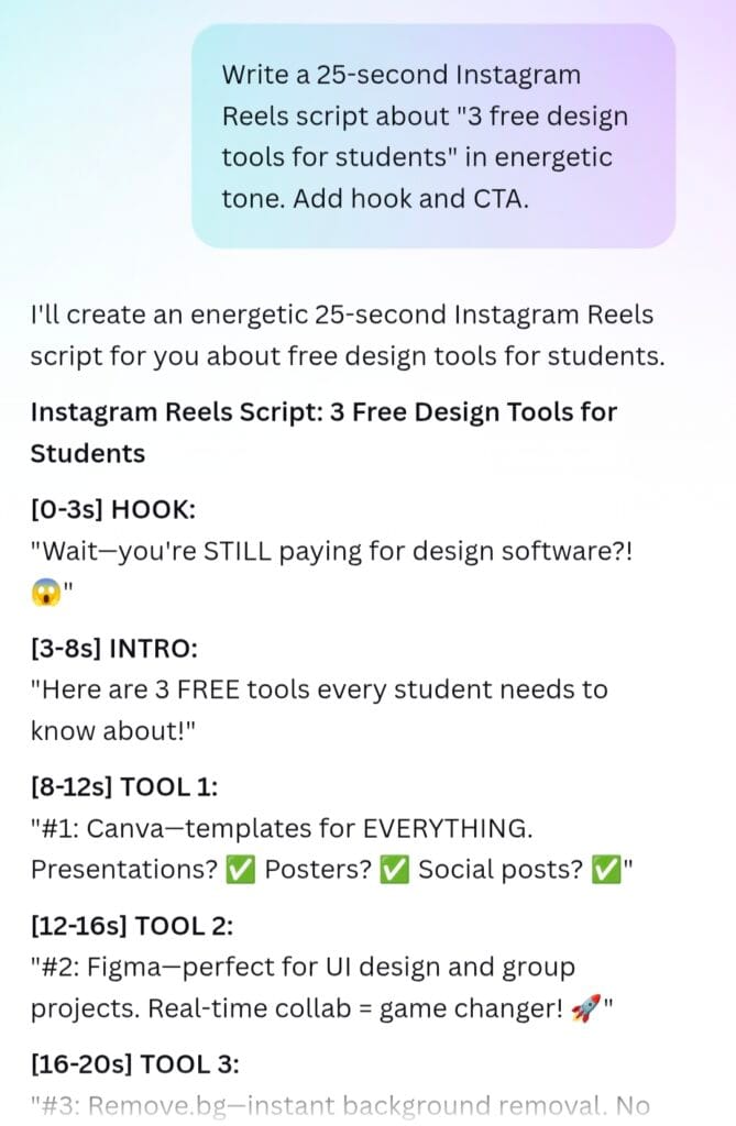Canva AI generating 25 second Instagram Reels script about 3 free design tools for students with hook timestamps and energetic tone 2026