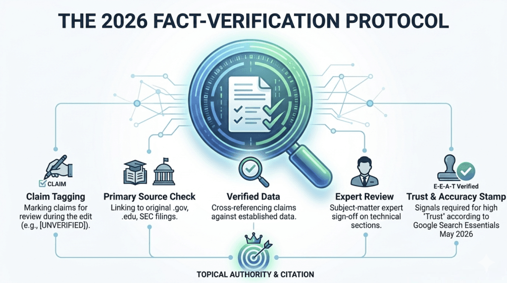 Detailed process of verifying AI content using primary sources like gov and edu websites for Google E-E-A-T 2026