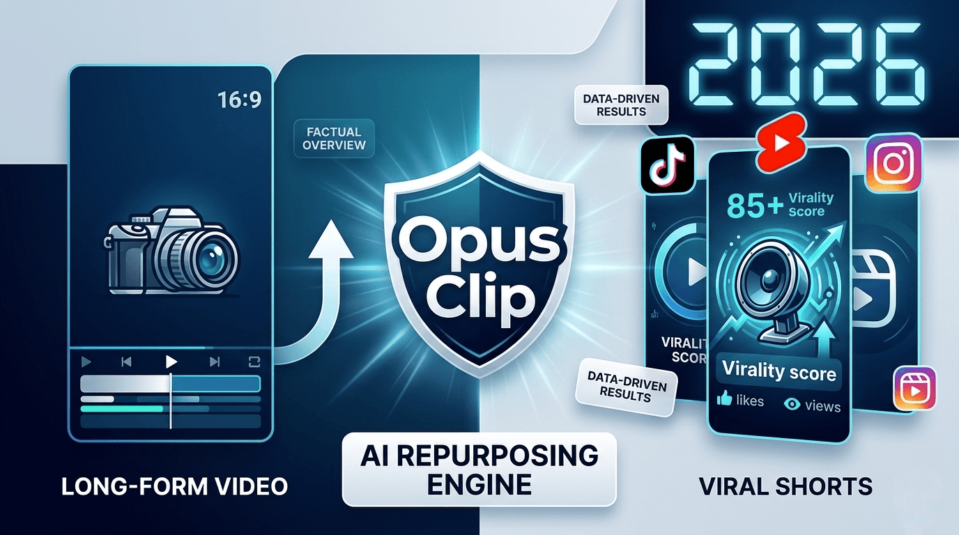 Opus Clip AI Repurposing Engine 2026 infographic showing how long-form video converts to viral shorts with 85+ virality score for TikTok, YouTube Shorts, and Instagram Reels
