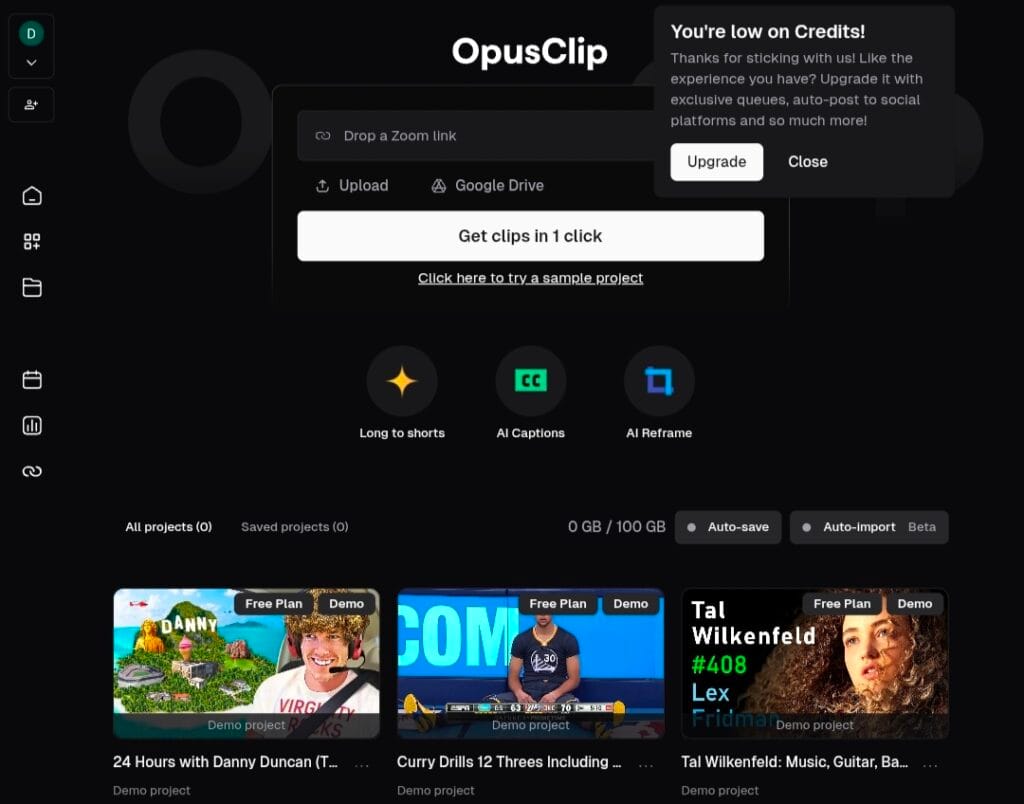 Opus Clip Pro dashboard May 2026 showing Free Plan features Long to shorts, AI Captions, AI Reframe with credit limit notification and demo projects