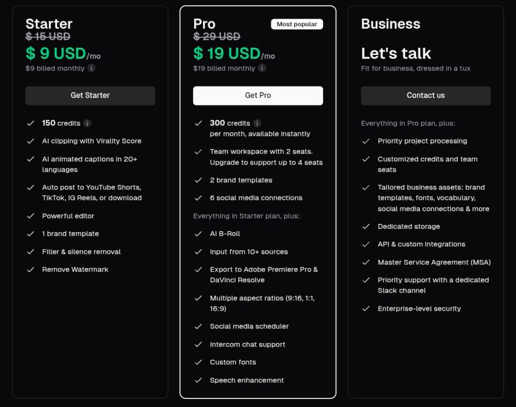 Opus Clip pricing plans May 2026 showing Starter plan $9 USD per month with 150 credits, Pro plan $19 USD per month with 300 credits, and Business custom plan with enterprise features