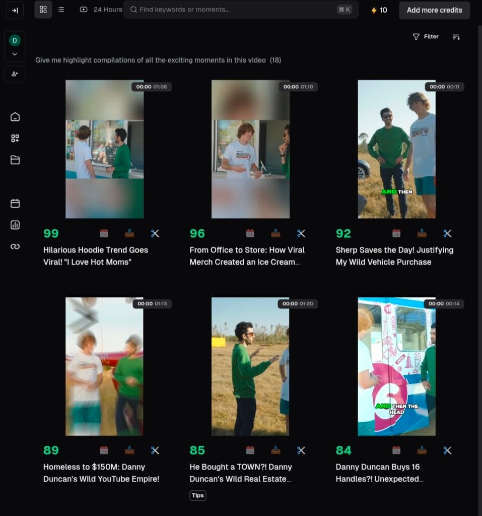 Opus Clip dashboard showing six AI-generated short video clips with Virality Scores of 99, 96, 92, 89, 85, and 84, with animated captions visible on video thumbnails