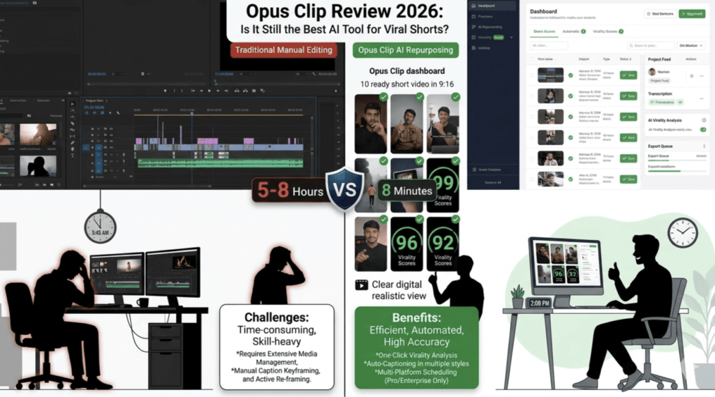 Opus Clip Review 2026 infographic comparing traditional manual video editing taking 5-8 hours with Premiere Pro timeline and stressed editor versus Opus Clip AI generating 10 ready viral shorts in 8 minutes with virality scores 99 96 92 and happy creator