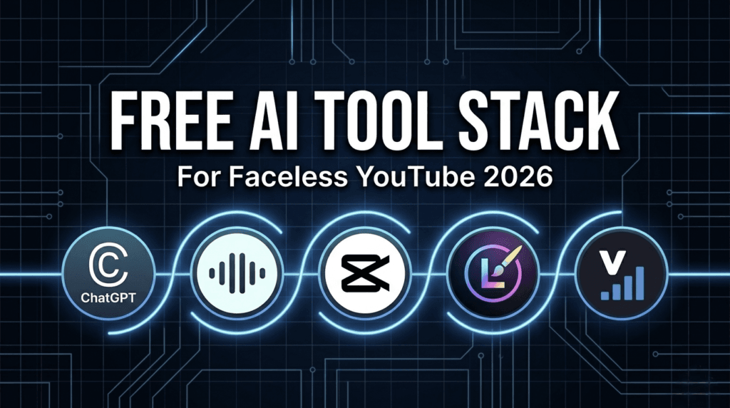 Free AI tool stack for faceless YouTube channel 2026 showing ChatGPT ElevenLabs CapCut Leonardo VidIQ workflow