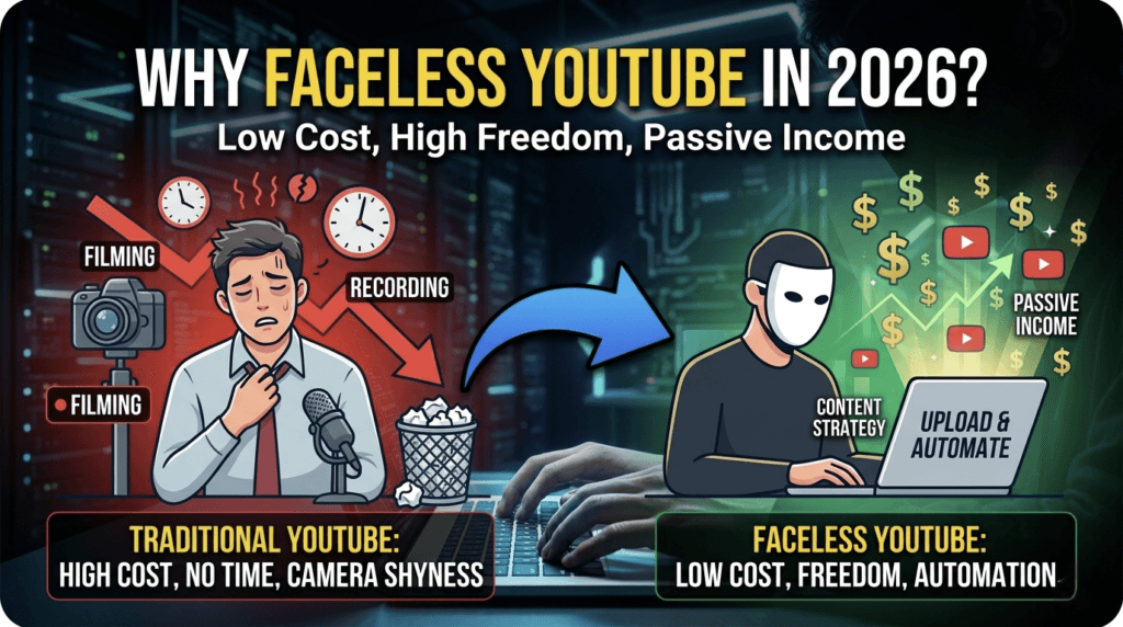 Infographic comparing traditional YouTube vs faceless YouTube in 2026 showing benefits like low cost high freedom passive income with no camera shyness or filming stress