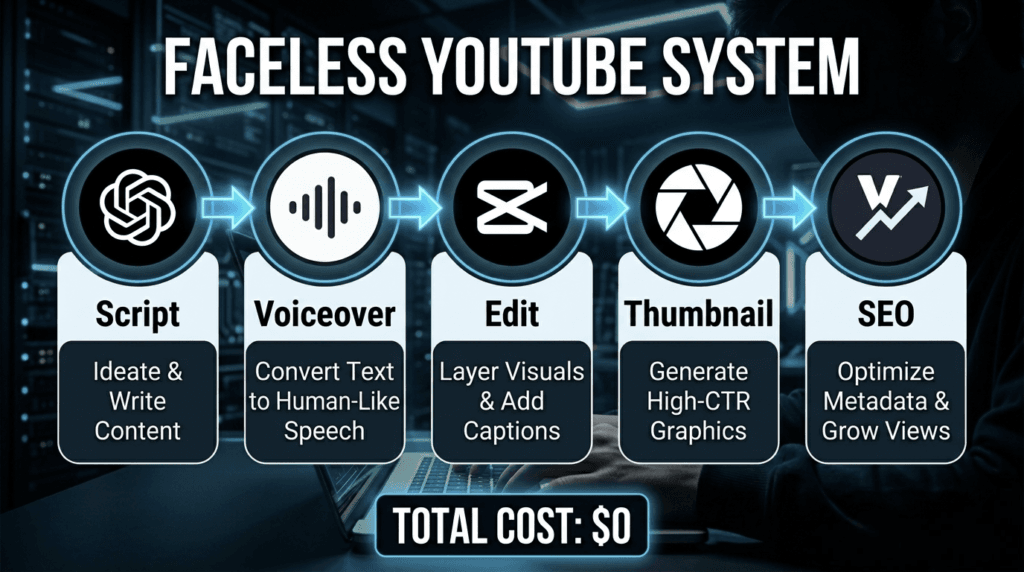 Faceless YouTube system workflow 2026 showing 5 step free AI process: Script with ChatGPT, Voiceover with ElevenLabs, Edit with CapCut, Thumbnail with Leonardo, SEO with VidIQ. Total cost zero dollars for beginners