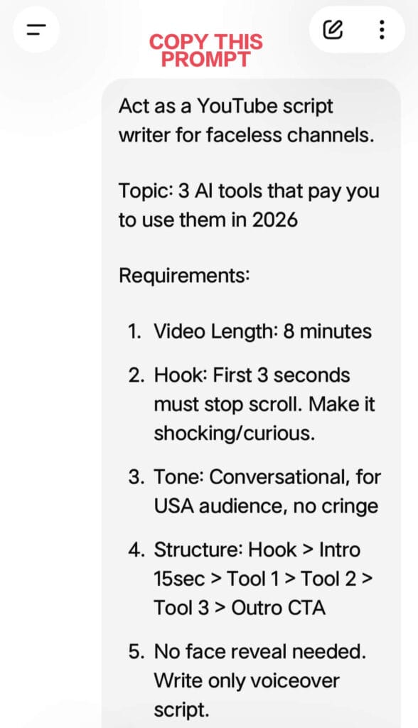 Real ChatGPT prompt screenshot showing instructions to write 8 minute faceless YouTube script for AI tools niche with hook structure and voiceover guide for 2026