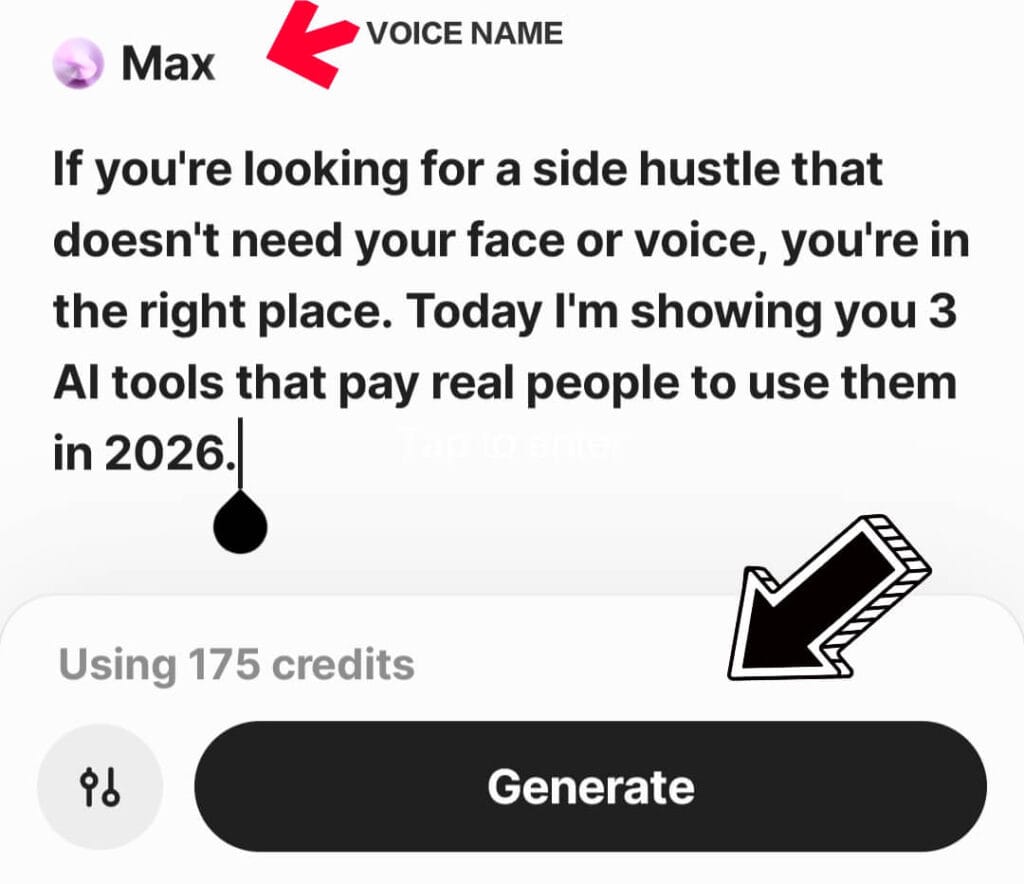 ElevenLabs screenshot showing Max voice selected and script for faceless YouTube side hustle video in 2026. Annotated arrows pointing to voice name and Generate button with 175 credits usage for realistic AI voiceover