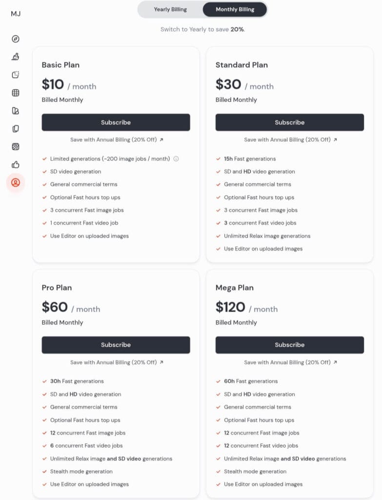 Midjourney pricing plans for May 2026 showing Basic Plan $10 per month, Standard Plan $30 per month, Pro Plan $60 per month, and Mega Plan $120 per month with 20% discount on yearly billing