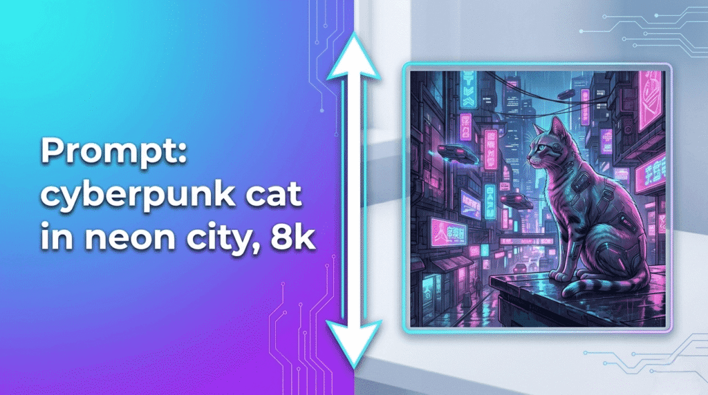 Midjourney prompt example split screen showing text prompt cyberpunk cat in neon city 8k on left and AI generated image result of futuristic cybernetic cat sitting in neon-lit city with flying cars on right
