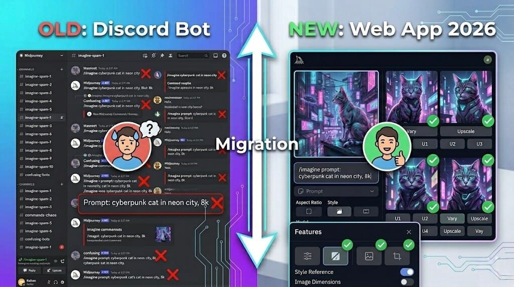 Comparison infographic showing why Midjourney moved beyond Discord in 2026. Left side OLD Discord Bot shows messy interface with slash commands and confused user. Right side NEW Web App 2026 shows clean interface with prompt bar and happy user giving thumbs up