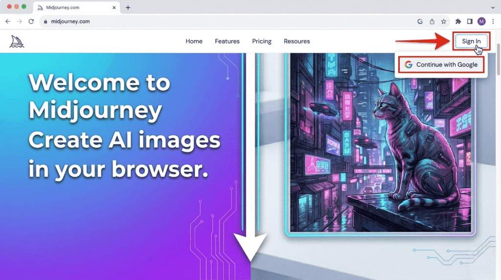 Illustration showing Midjourney web app sign in process: arrow pointing to Sign In button and Continue with Google option, demonstrating how to access Midjourney without Discord