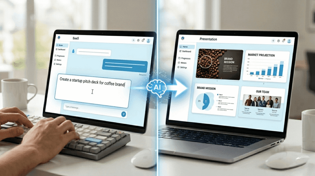 Gamma AI converting text prompt Create a startup pitch deck for coffee brand into presentation slides with charts and team photos using AI