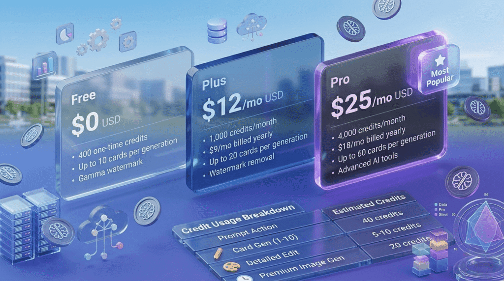 Gamma AI pricing plans 2026 comparison in USD showing Free plan $0 with 400 one-time credits, Plus plan $12 per month with 1,000 credits and $9 per month yearly billing, Pro plan $25 per month with 4,000 credits and $18 per month yearly billing