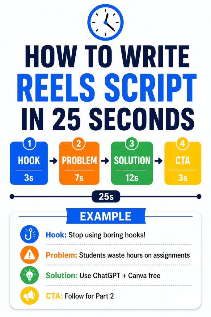 Infographic showing 25 second Instagram Reels script structure with hook 3 seconds problem 7 seconds solution 12 seconds CTA 3 seconds timeline and example for content creators 2026