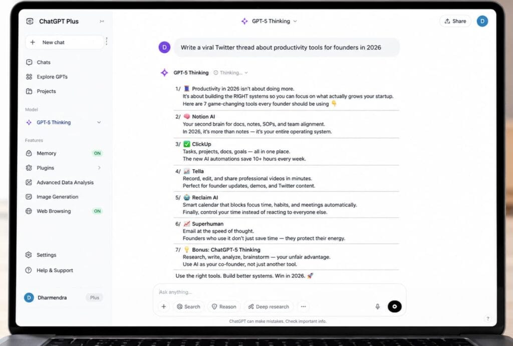 ChatGPT Plus interface mockup showing GPT-5 Thinking model generating a viral Twitter thread about productivity tools for founders in 2026