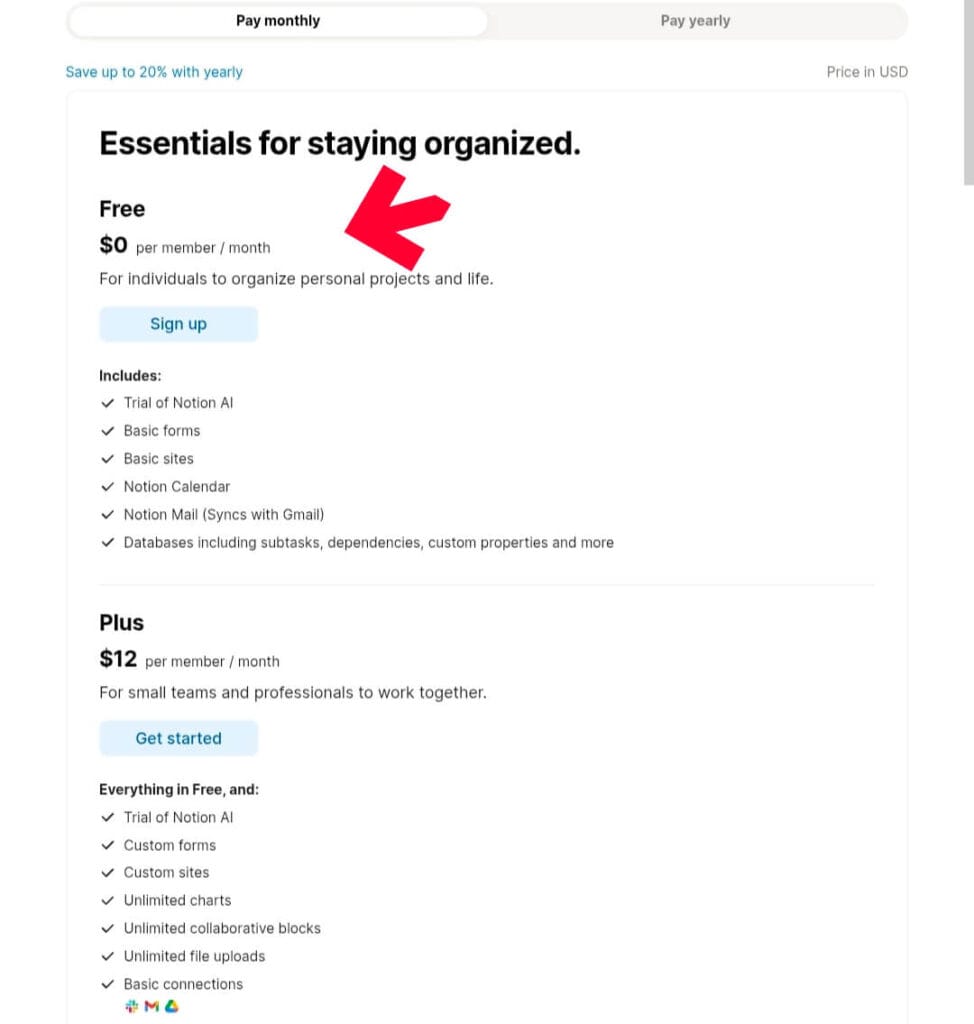Notion pricing screenshot June 2026 with red arrow pointing to Free plan at zero dollars per month. Plus plan shown at twelve dollars per month. Both include trial of Notion features for staying organized.