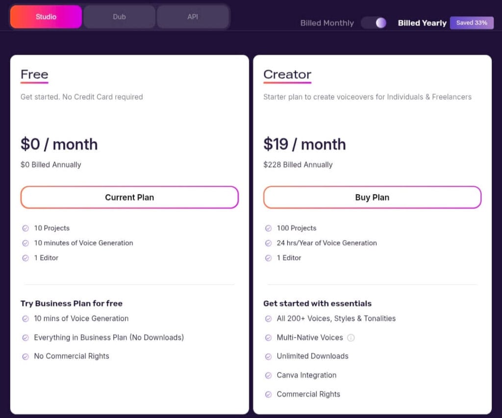 Murf AI Pricing June 2026 - Free Plan $0 with 10 minutes limit vs Creator Plan $19 per month with commercial rights and unlimited downloads
