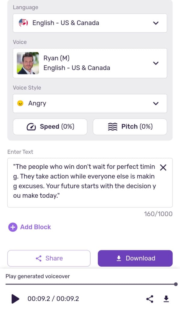 Murf AI Free Plan Tutorial - Step by step interface showing Language English US, Voice Ryan Male, Style Angry, 160 characters text entered, Download and Share buttons