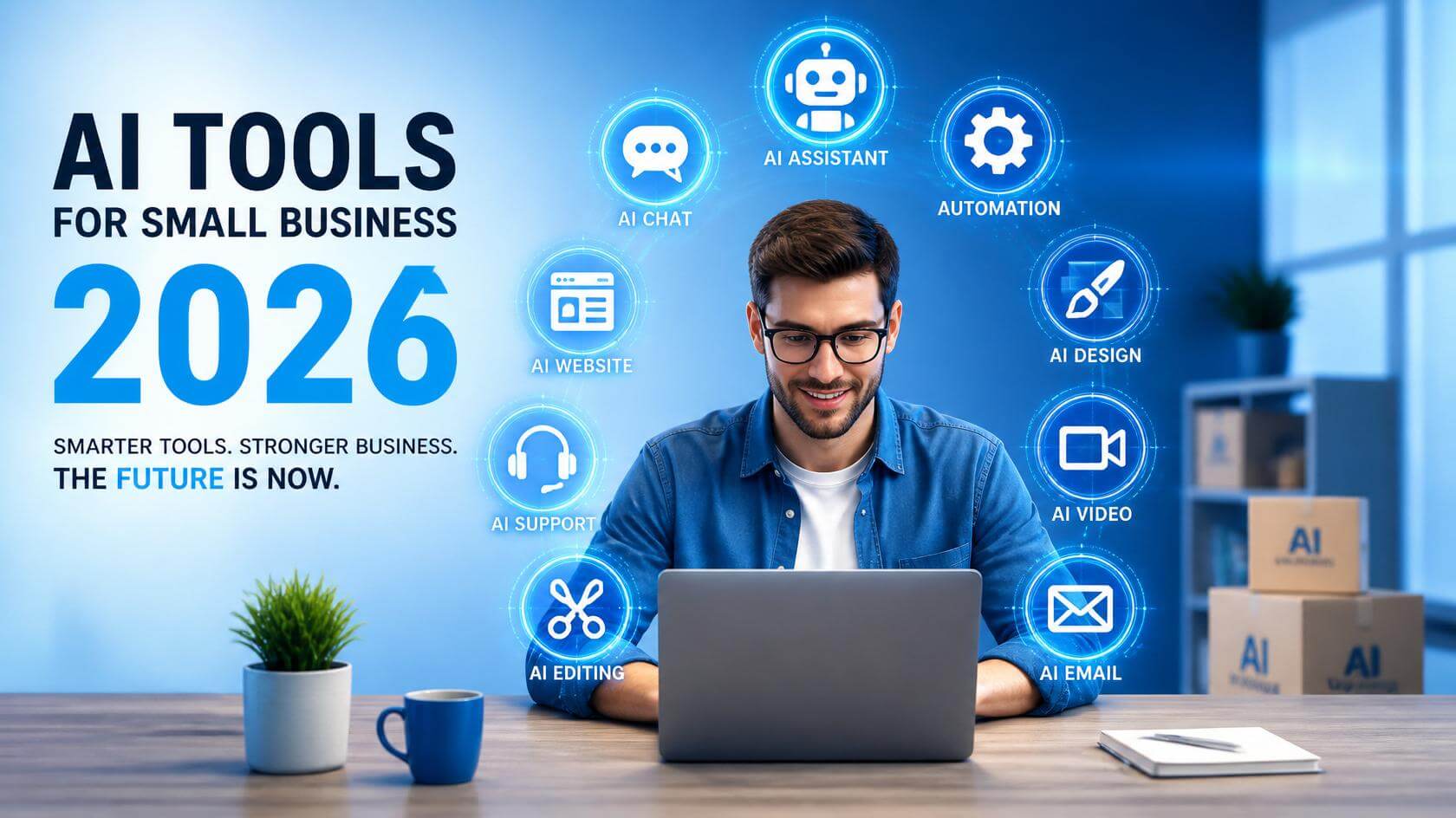 9 best AI tools for small business automation 2026 with business owner using laptop and holographic icons for AI assistant, chatbot, automation, design, video, website, support, editing and email