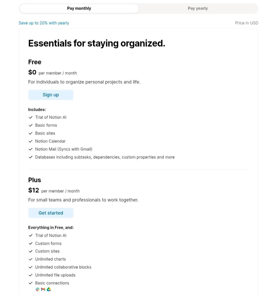 Notion pricing plans 2026 showing Free plan at $0 per month and Plus plan at $12 per month per member with trial of Notion AI add-on