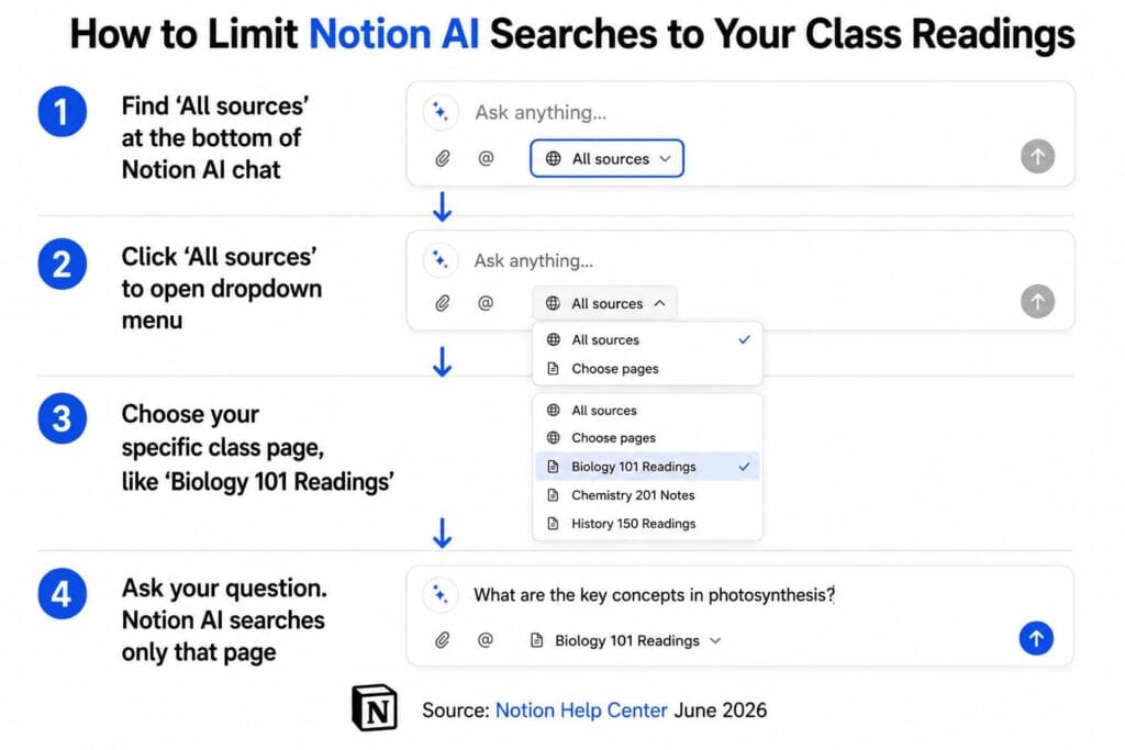 Infographic showing 4 steps to limit Notion AI searches to class readings. Step 1 find All sources at bottom of chat, Step 2 click to open dropdown menu, Step 3 choose Biology 101 Readings page, Step 4 ask question and Notion AI searches only that page