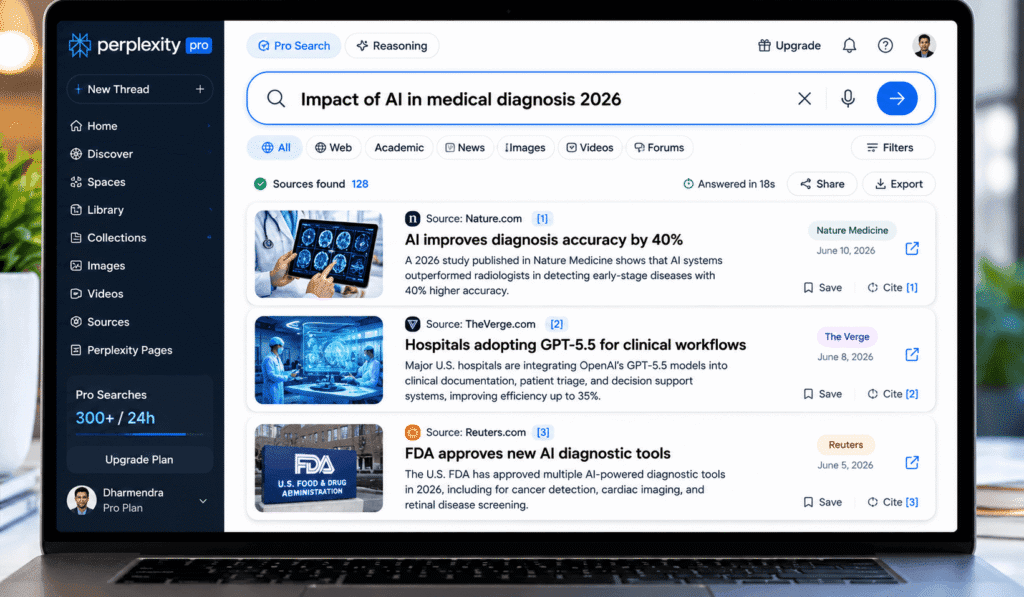 Perplexity Pro interface mockup showing live web citations from Nature.com, The Verge, and Reuters for medical AI research query