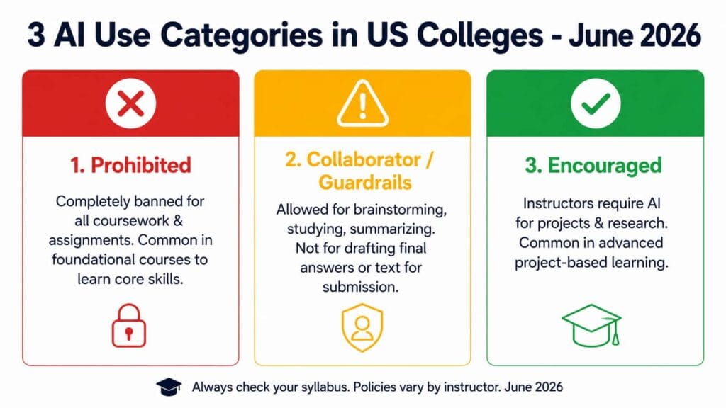 Infographic titled 3 AI Use Categories in US Colleges June 2026 showing red Prohibited column, amber Collaborator Guardrails column, and green Encouraged column for college AI policies