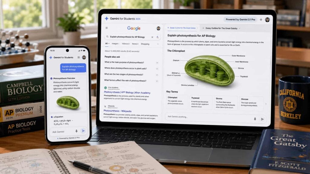 Gemini for Students 2026 app mockup on Android phone and laptop showing AP Biology photosynthesis diagram with chloroplast labels and Great Gatsby essay outline tab, desk setup with Campbell Biology textbook and Berkeley mug, illustrative mockup
