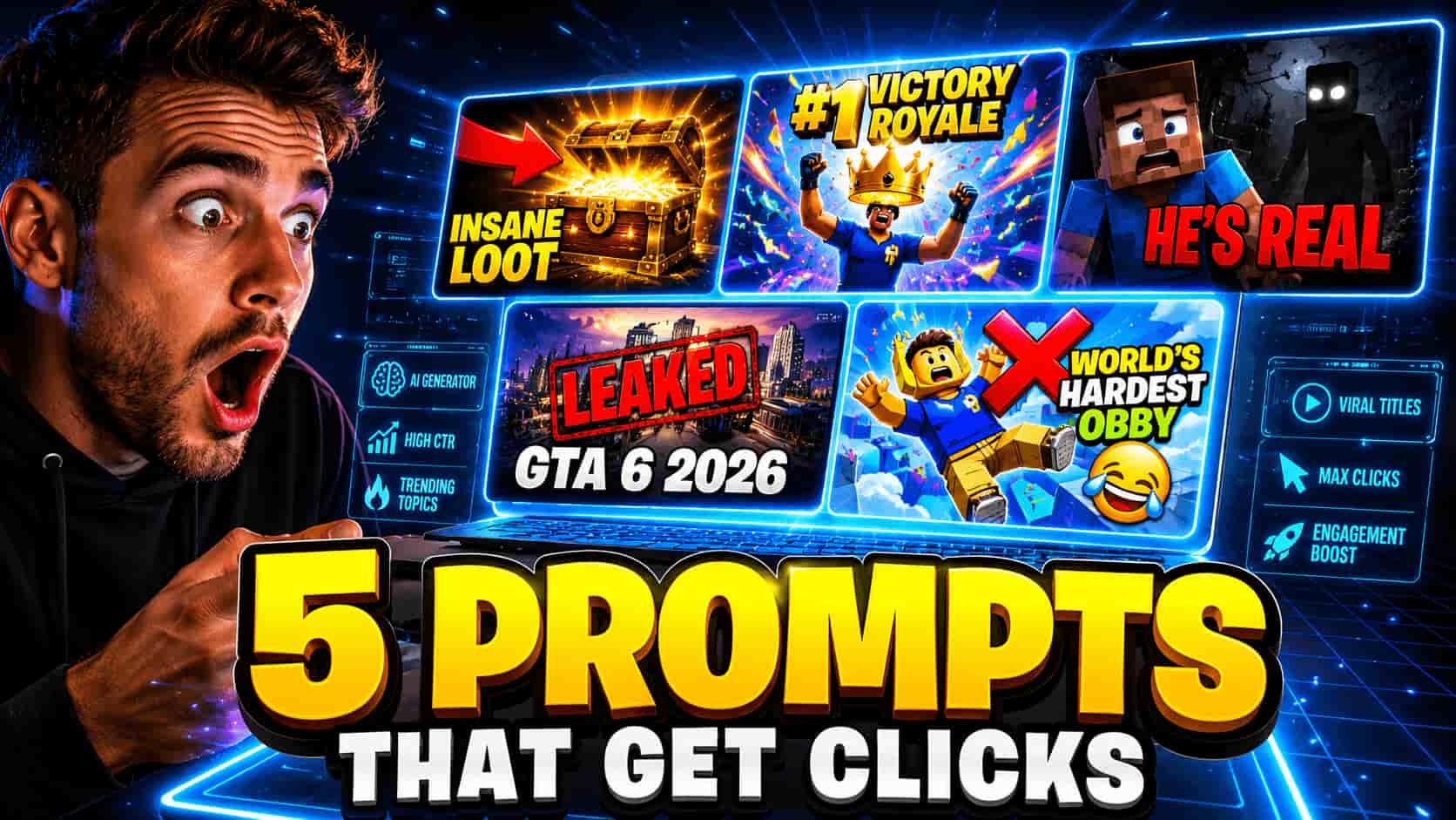 5 High CTR YouTube Thumbnail AI Prompts for Gaming Creators 2026 - MrBeast, Fortnite, Minecraft, GTA 6, Roblox