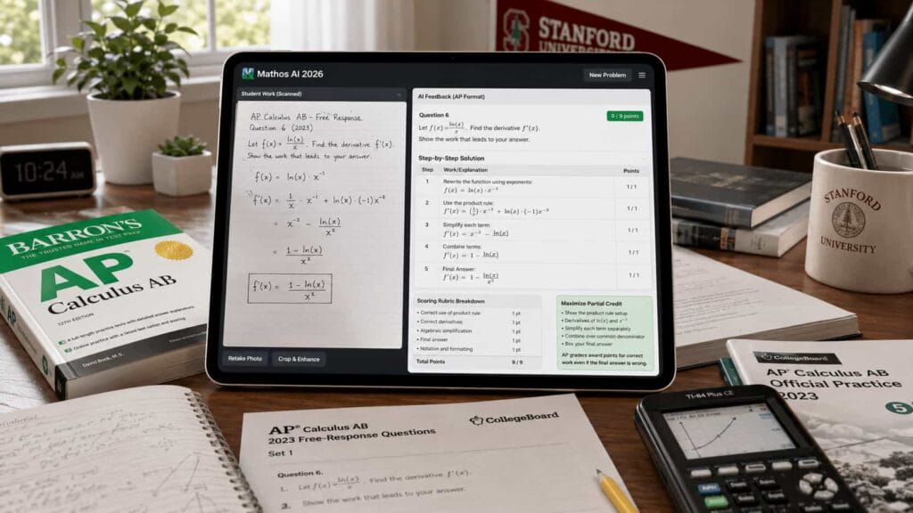 Mathos AI 2026 app mockup on iPad Pro showing AP Calculus AB free response solution with College Board scoring rubric and partial credit breakdown, student desk setup with Barron's AP book and TI-84 calculator, illustrative mockup