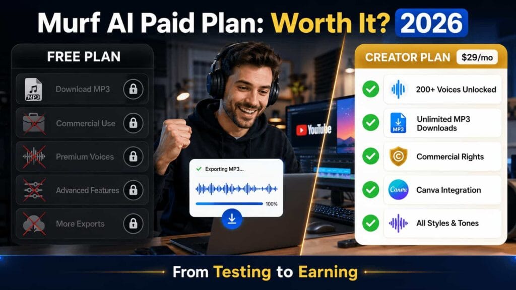 Comparison of Murf AI Free Plan vs Creator Plan for $29 per month in 2026. Free Plan features are locked: Download MP3, Commercial Use, Premium Voices, Advanced Features, More Exports. Creator Plan unlocks: 200+ Voices, Unlimited MP3 Downloads, Commercial Rights, Canva Integration, All Styles and Tones. Happy creator exporting audio with YouTube on screen.