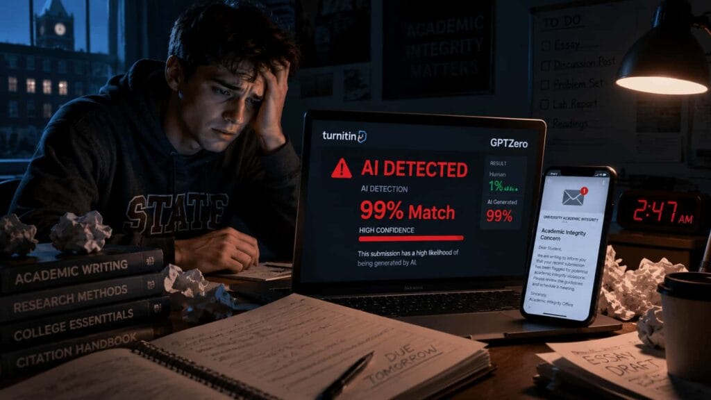 Stressed college student caught using AI for homework - Turnitin and GPTZero show 99% AI detected with academic integrity warning email at 2:47 AM