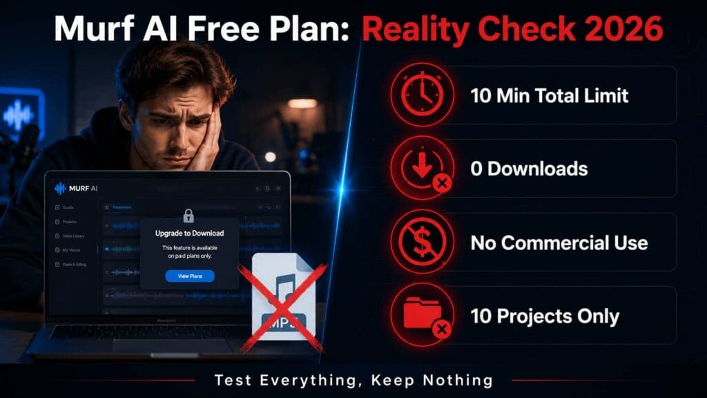 Murf AI Free Plan Reality Check 2026 showing frustrated user with Upgrade to Download popup on laptop screen. Key limitations listed with red warning icons: 10 Min Total Limit, 0 Downloads, No Commercial Use, 10 Projects Only. MP3 file with red cross. Tagline: Test Everything, Keep Nothing.