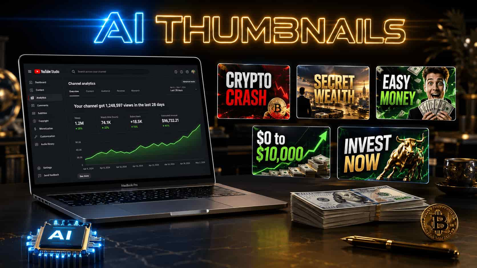 AI generated finance YouTube thumbnail examples with YouTube Studio analytics showing 1.2M views and 5 high CTR thumbnail mockups for crypto and investing channels