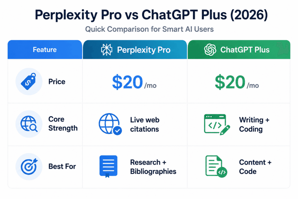 Perplexity Pro vs ChatGPT Plus 2026 Quick Comparison Table Quick comparison table: Perplexity Pro vs ChatGPT Plus 2026. Both $20 per month. Perplexity for live web citations and research, ChatGPT Plus for writing and coding.