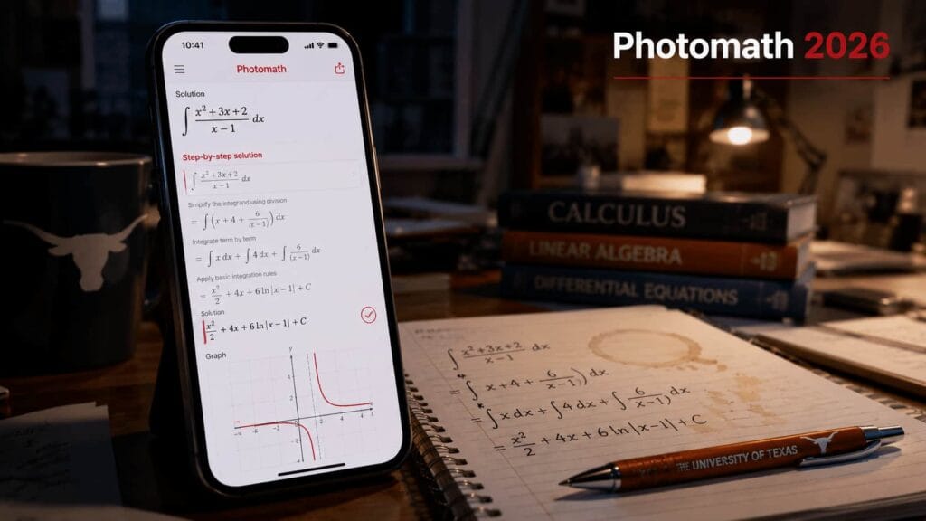 Photomath 2026 app on iPhone solving handwritten calculus integral with step by step solution and graph on college desk with University of Texas pen