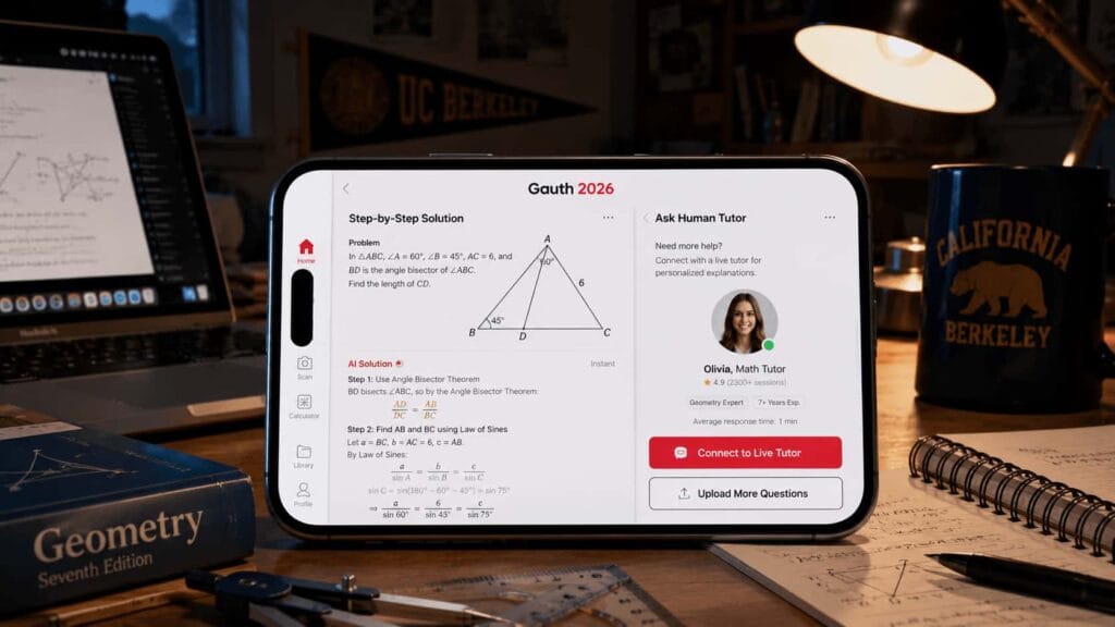 Gauth 2026 app mockup on iPhone showing split screen with free AI step-by-step geometry solution and connect to live human tutor option, illustrative mockup for Grade 6 to College math homework