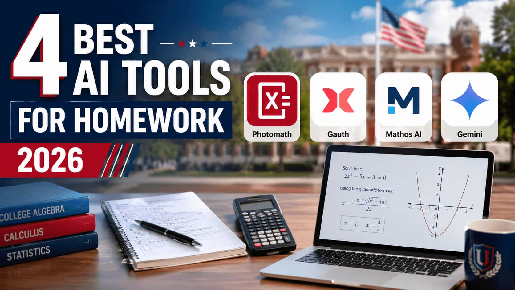 Best AI tools for homework 2026 including Photomath, Gauth, Mathos AI, and Gemini for Students on a desk with US college campus background