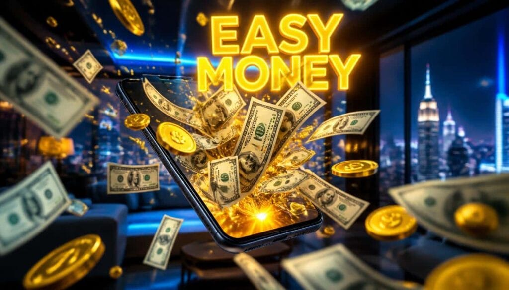 EASY MONEY YouTube thumbnail with US dollar bills and gold coins exploding from a floating smartphone in a luxury New York penthouse - finance youtube thumbnail prompt example