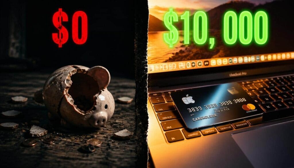 $0 to $10,000 split screen YouTube thumbnail showing broken piggy bank on left and premium credit card on MacBook Pro on right - finance youtube thumbnail prompt example